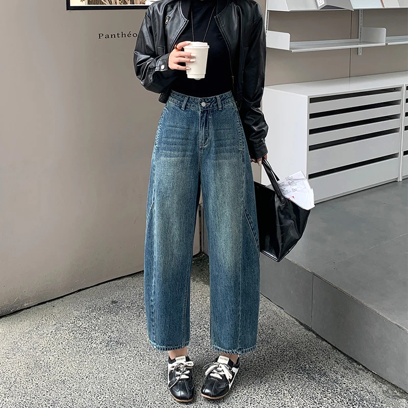 秋季新款复古蓝宽松奶奶裤小个子显瘦遮肉九分高腰哈伦牛仔裤女
