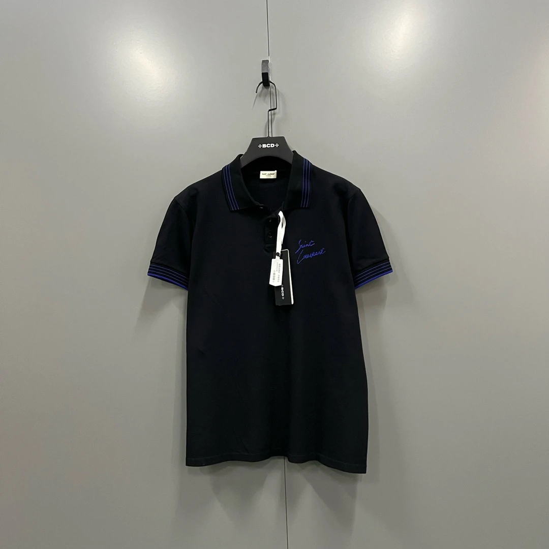 95新 YSL/圣罗兰 （jp）224 黑蓝刺绣字母polo衫 XL码