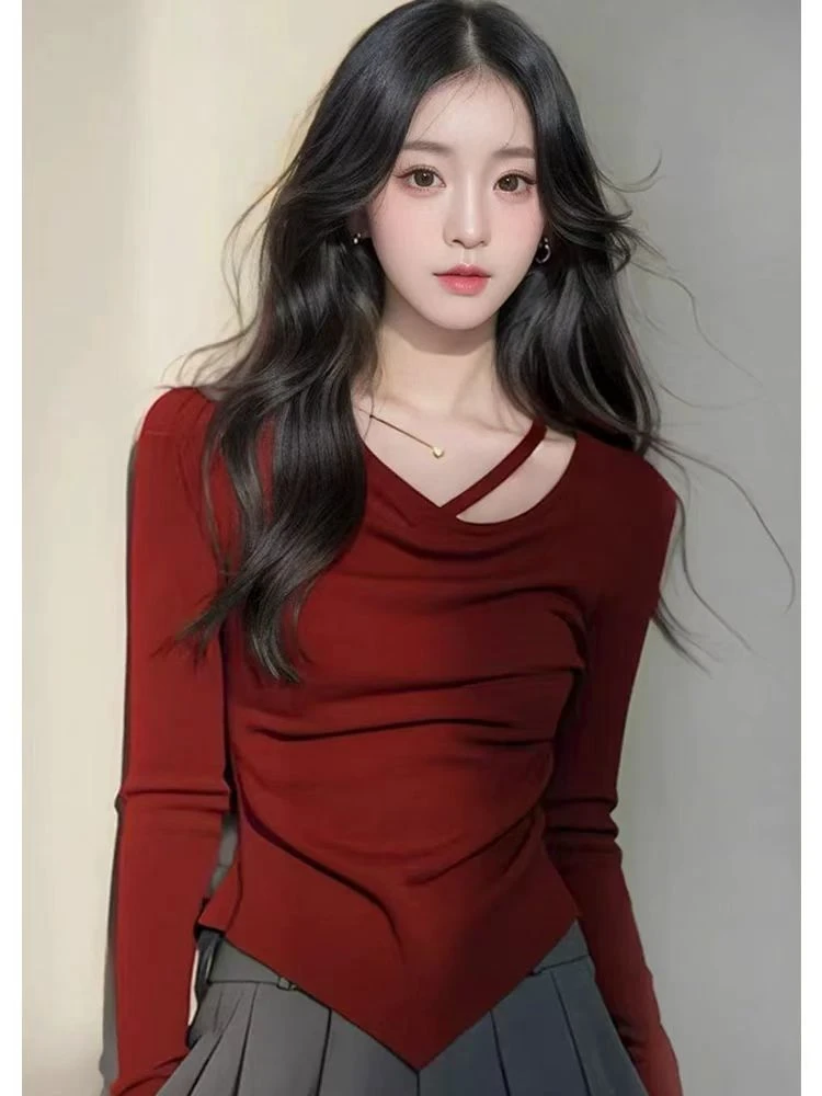 独特漂亮设计小众荡领长袖t恤女春秋新品别致打底衫不规则上衣潮