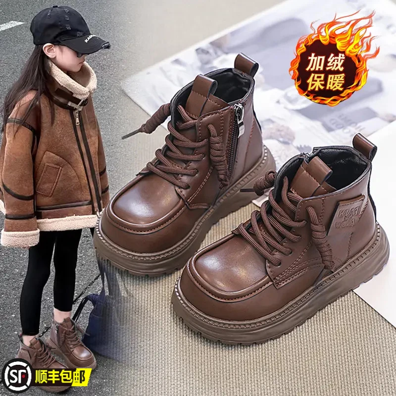 小黄鸭女童黑色马丁靴2025冬季男童加绒保暖二棉靴3-6岁女童短靴