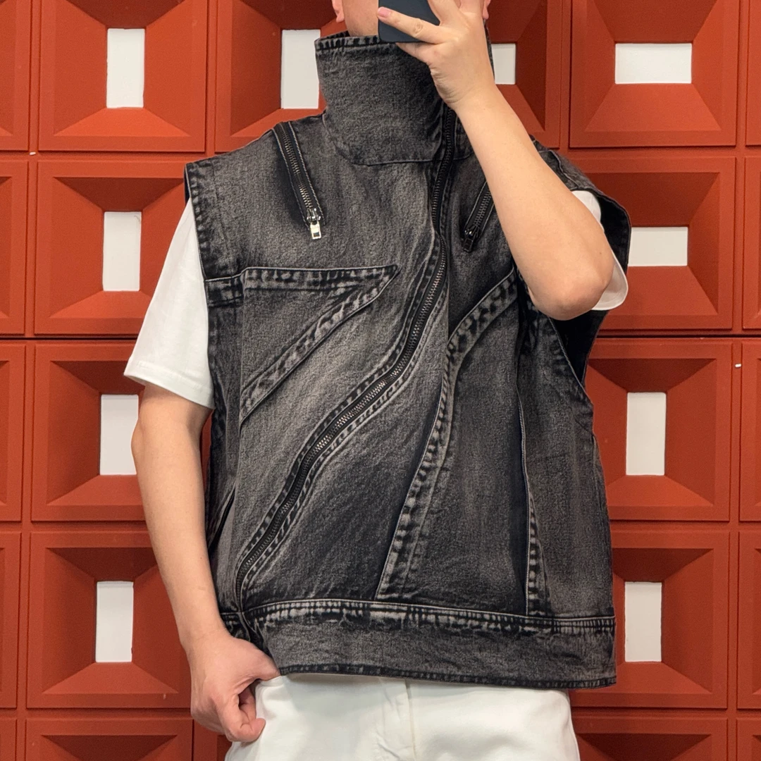 HK&NB x 高街潮流系 春秋设计师街头潮流时尚高领水洗牛仔马甲