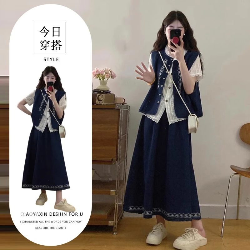 T256643+T256644+T256645胖mm梨型巨显瘦民族风牛仔马甲三件套装