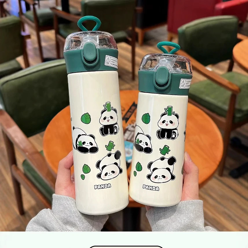 悦酷新款熊猫304不锈钢保温杯防摔高颜值ins透明吸管大容量水杯