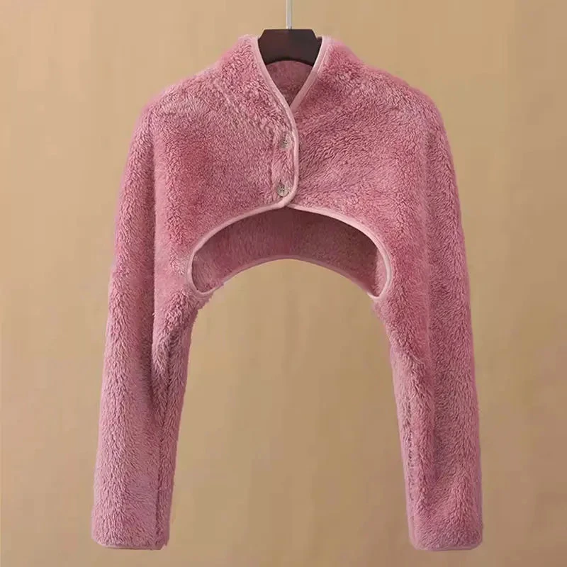 护肩颈保暖短外套女月子家居长袖睡觉坎肩冬双面加绒毛绒秋冬季