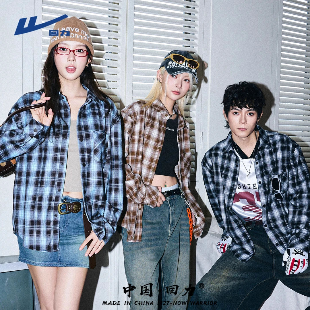 回力衬衫男2025新款早秋潮牌复古情侣装男女外套宽松长袖格子衬衣