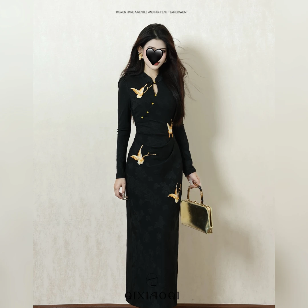 【丸子家】【墨雅蝶裳】新中式国风刺绣蝴蝶气质连衣裙（加绒款）3756