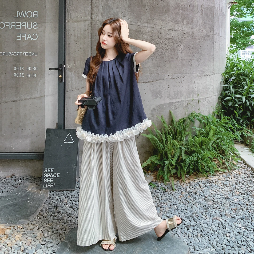 一整套ootd穿搭减龄清纯系松弛感藏青色花边短袖条纹阔腿裤两件套