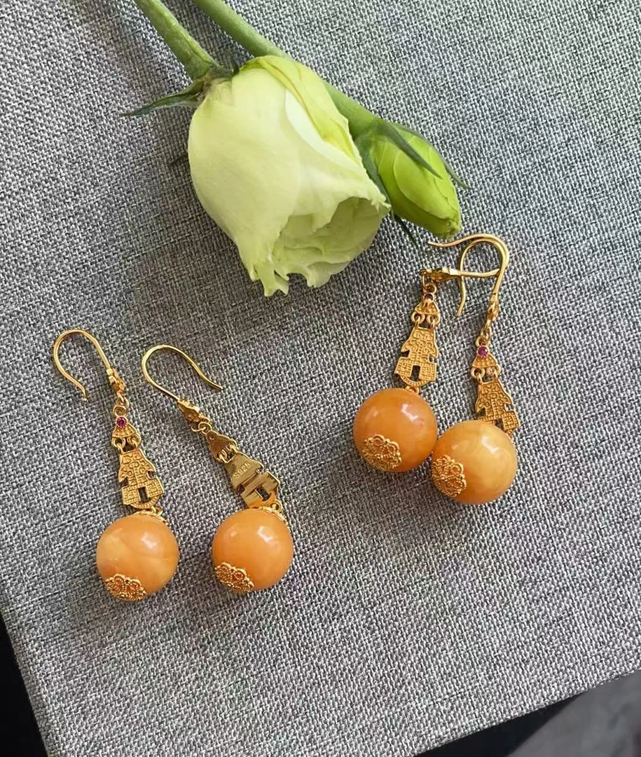 【荣倩专属】天然琥珀s925银镶嵌耳钩   蜜蜡耳饰