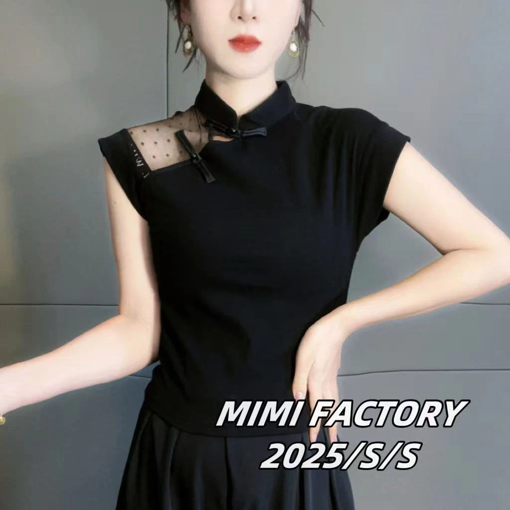2025夏季新款 中式国风网纱拼接短袖T恤女百搭显瘦上衣5213#