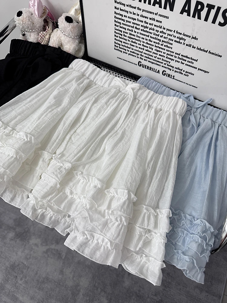 韩系皱皱纯欲甜美木耳边蓬蓬芭蕾裙女高腰显瘦蛋糕半身短裙