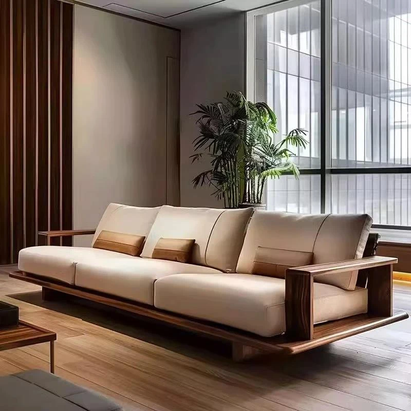 新中式极简北美黑胡桃木家用沙发高端轻奢直排家用客厅实木沙发