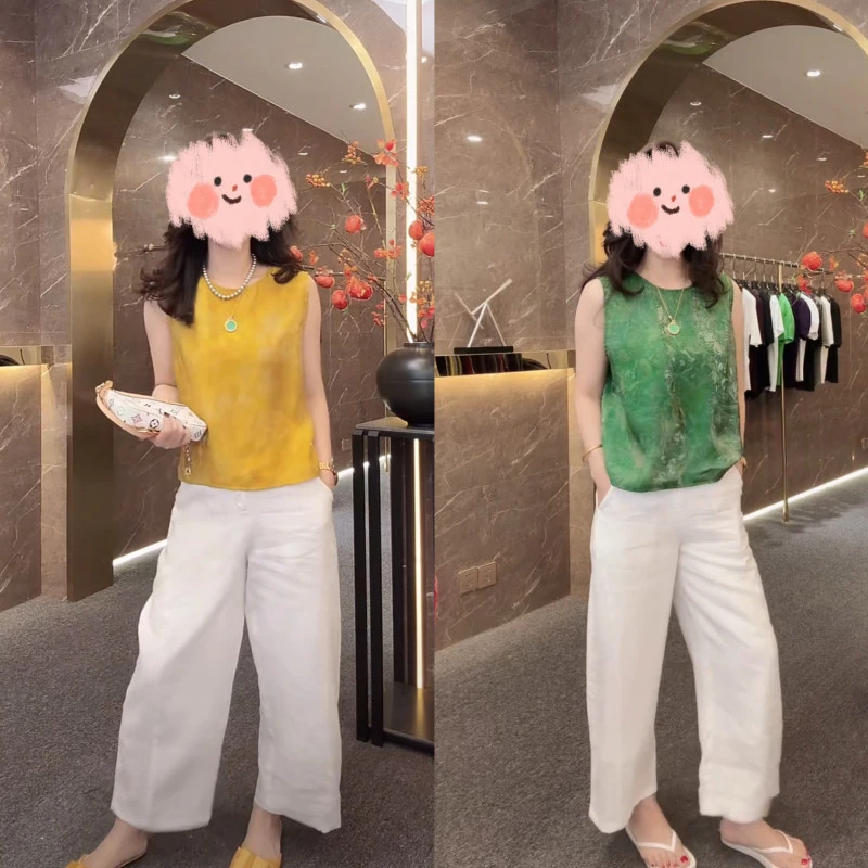 2025夏季新中式提花圆领显瘦马甲时尚背心多纽扣九分阔腿裤两件套