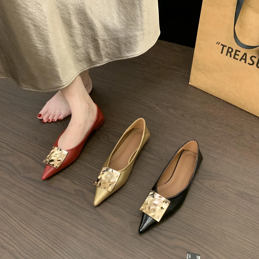 【平底】方扣粗跟单鞋新款法式尖头浅口低跟中跟奶奶鞋设计感女鞋