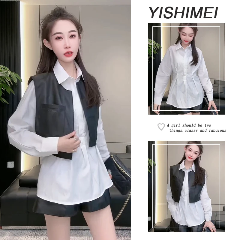 早秋时尚穿搭2025年新款气质百搭长袖衬衫短款马甲显瘦短裤三件套