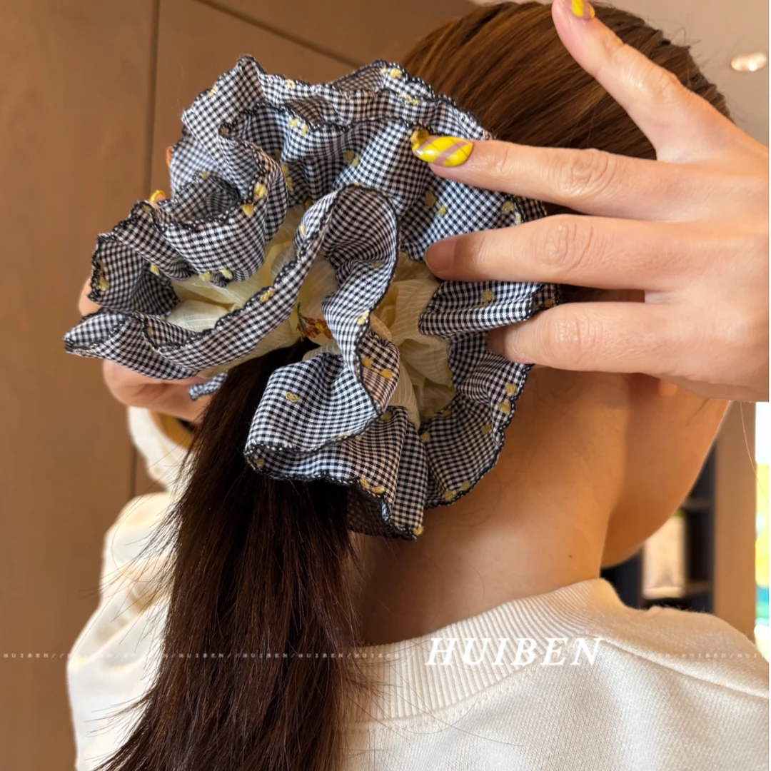 「MyFioielli｣重工绣花格子法式双层千鸟格褶皱大肠圈绝美发饰FQ31