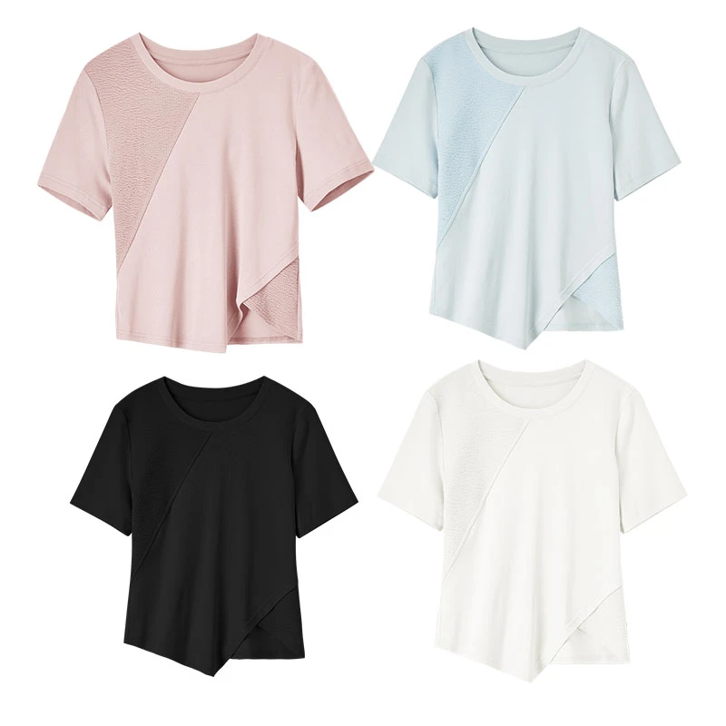 短款解构分割线条拼接面料设计不规则衣摆短袖T恤53714