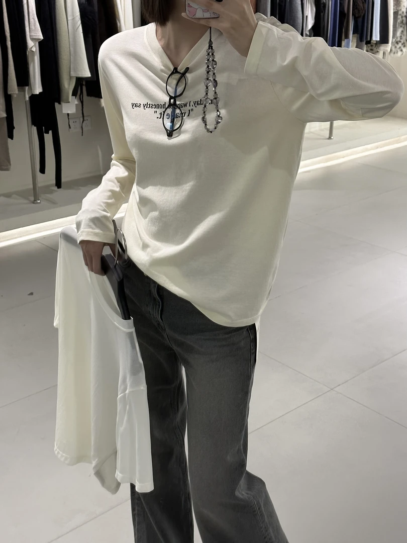 泡菜网纱字母T恤打底两件套长袖套头圆领简约韩版