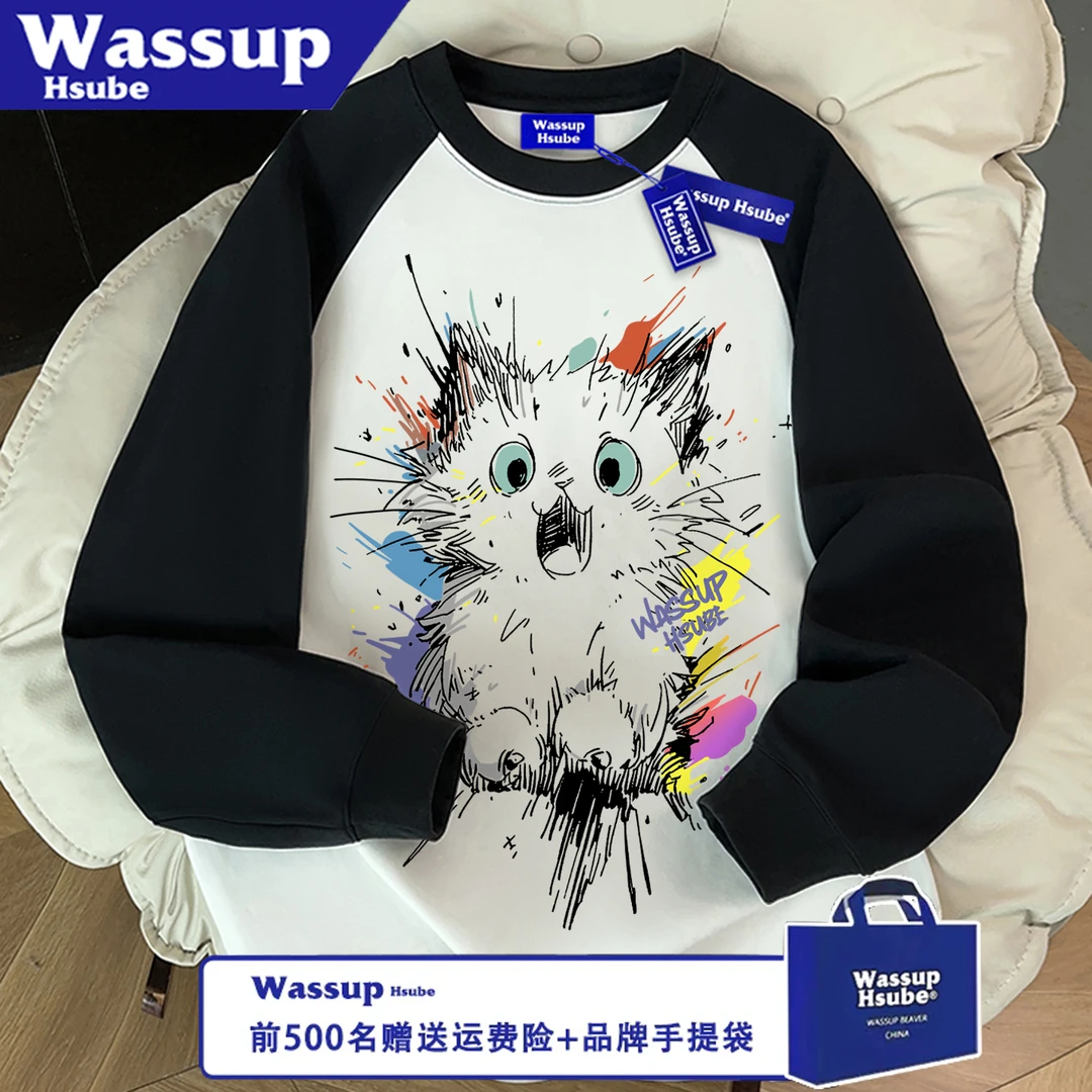 WASSUP HSUBE百搭休闲圆领潮流印花秋冬宽松喷涂猫咪长袖情侣上衣