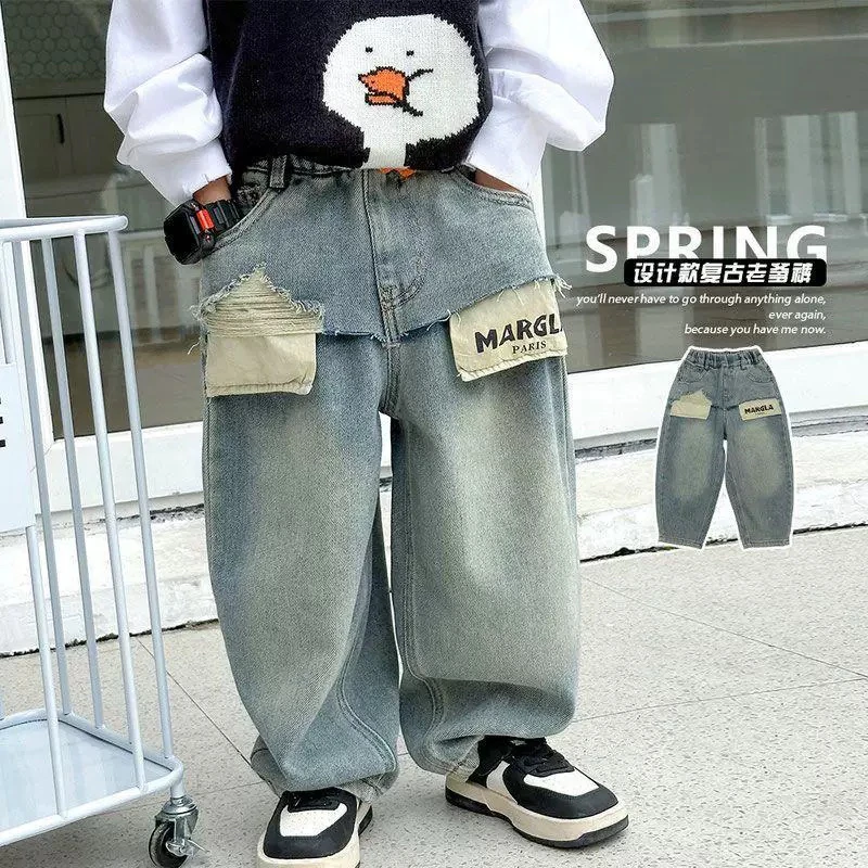 【破洞口袋字母】男童牛仔裤春秋装新款韩版个性拼接洋气穿搭宽松