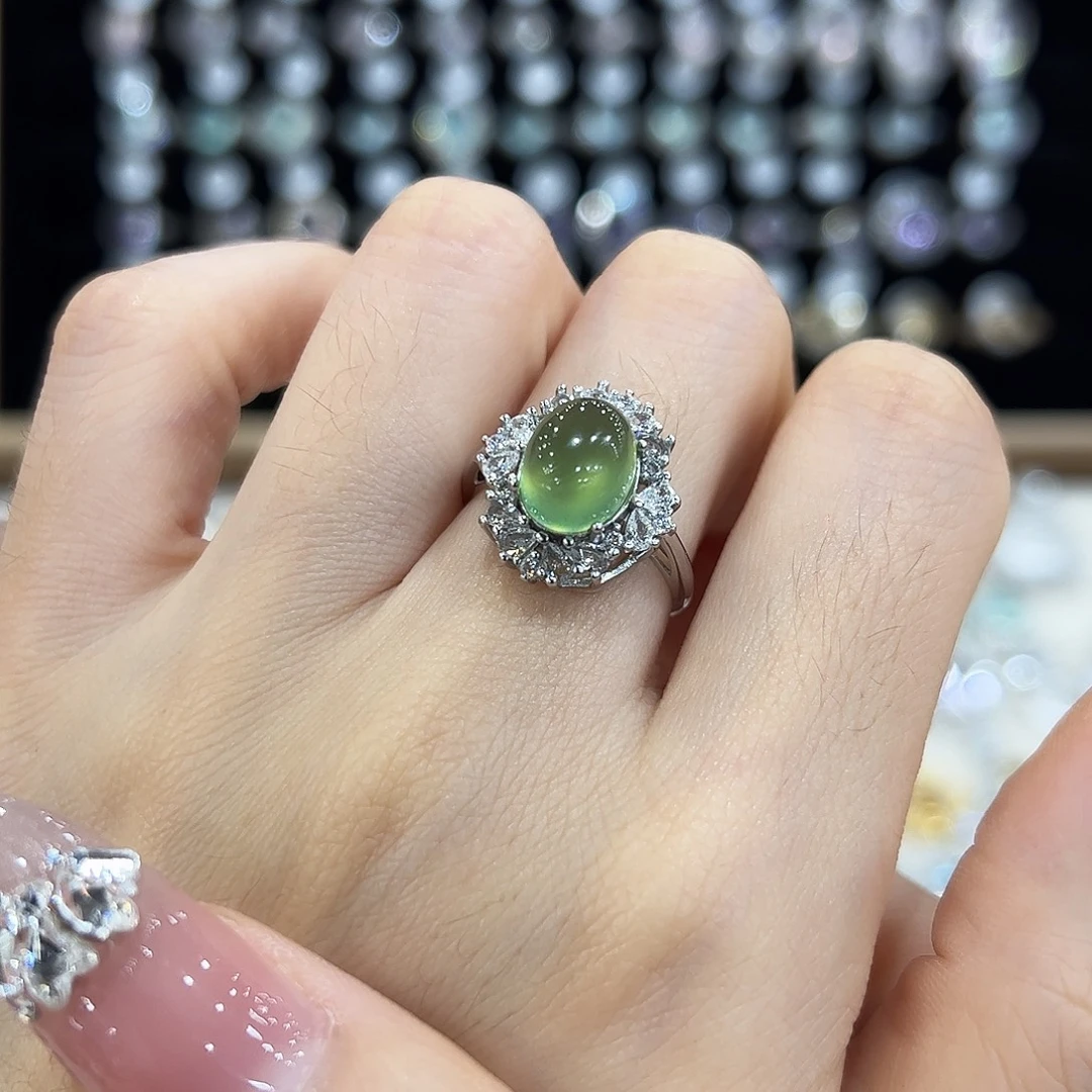 银S925镶嵌岫玉戒指新款 2