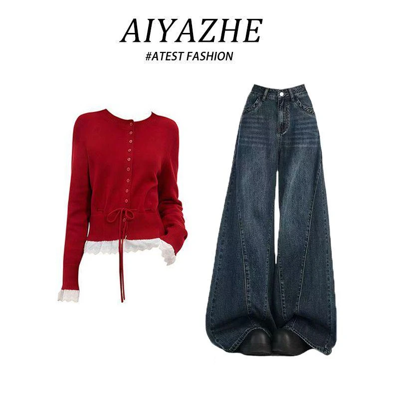 红色圆领系带减龄长袖开衫休闲裤两件套春秋2025新款时尚套装女款