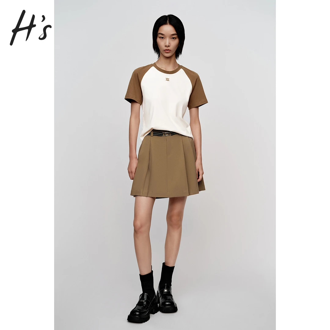 HS撞色插肩袖圆领半袖T恤夏季新款高级设计感女装简约