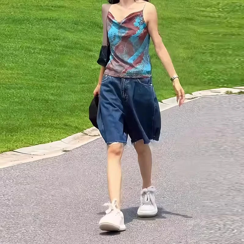 毛边牛仔短裤女夏季薄款大码小个子高腰显瘦直筒五分休闲阔腿中裤