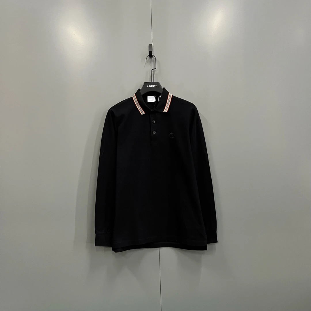 未使用 BURBERRY/博柏利 (ll) 黑色领口条纹长袖polo衫M码/017847