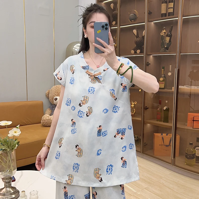 带胸垫新中式旗衫夏季睡衣2025国风小唐人家居服三件套装可外穿