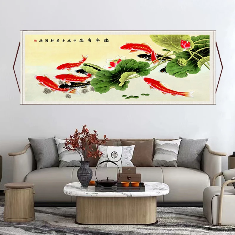 《连年有余》大气背景墙横幅挂画国风山水画靠山风景图装饰画工艺S5