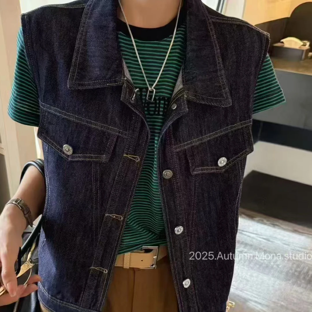 Meiky饼 韩范百搭款 简约休闲翻领排扣牛仔马甲