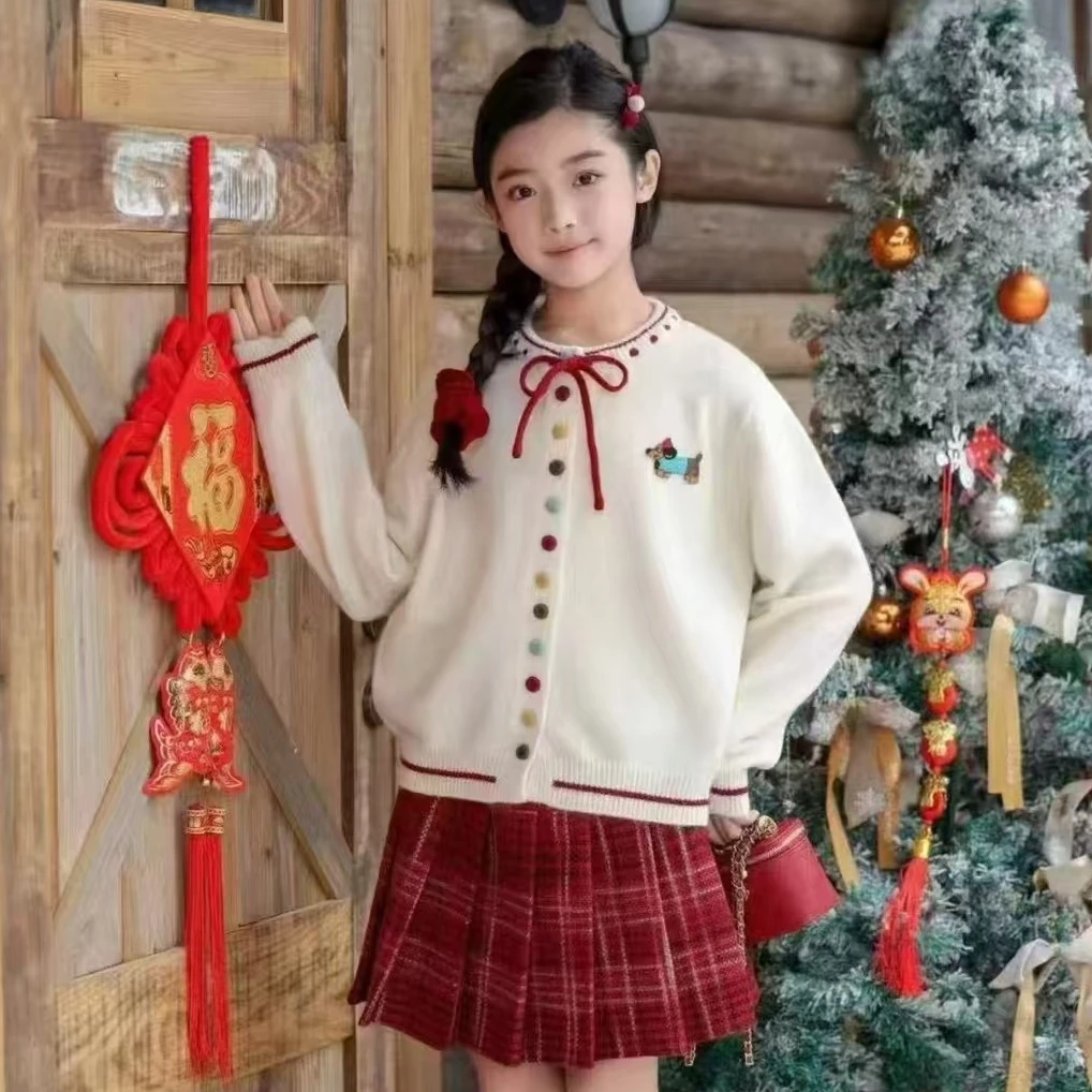 女童学院风毛衣百褶裙套装新款针织时尚秋冬女孩洋气开衫半身裙