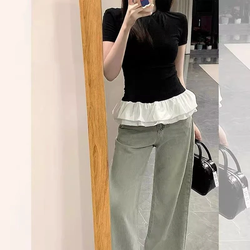 辣妹蕾丝拼接花边正肩短袖t恤女夏季新款设计感小众修身短款上衣