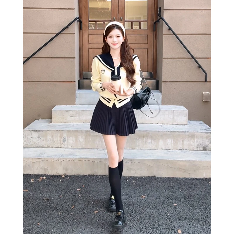 2025秋季新款女韩系穿搭修身长袖毛衣上衣条纹披肩高腰百褶半身裙