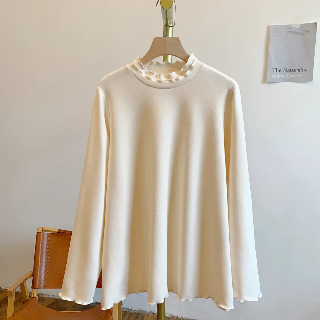 奶皮子-杏C5389磨毛德绒双层木耳边立领打底T恤