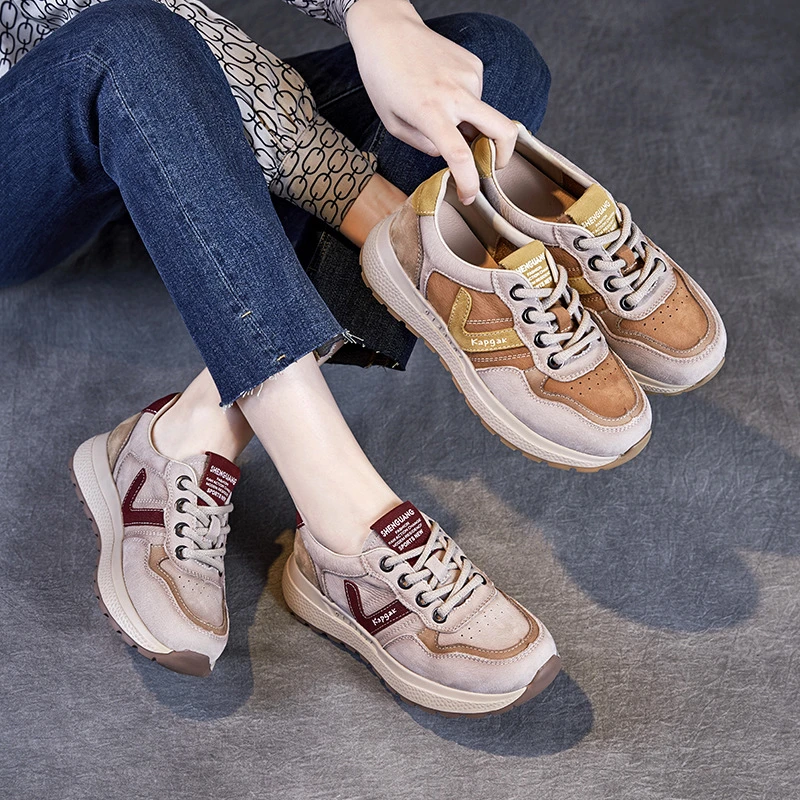 2025春款休闲系带单鞋女真皮拼色运动风低帮鞋轻便复古阿甘慢跑鞋