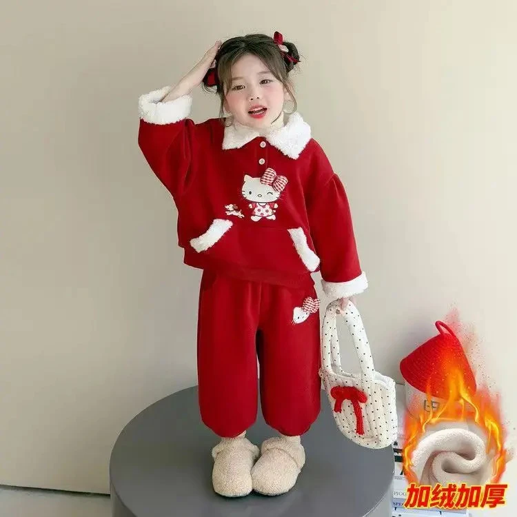 女童加绒套装2025新款新款卡通洋气卫衣喜庆女宝宝休闲两件套