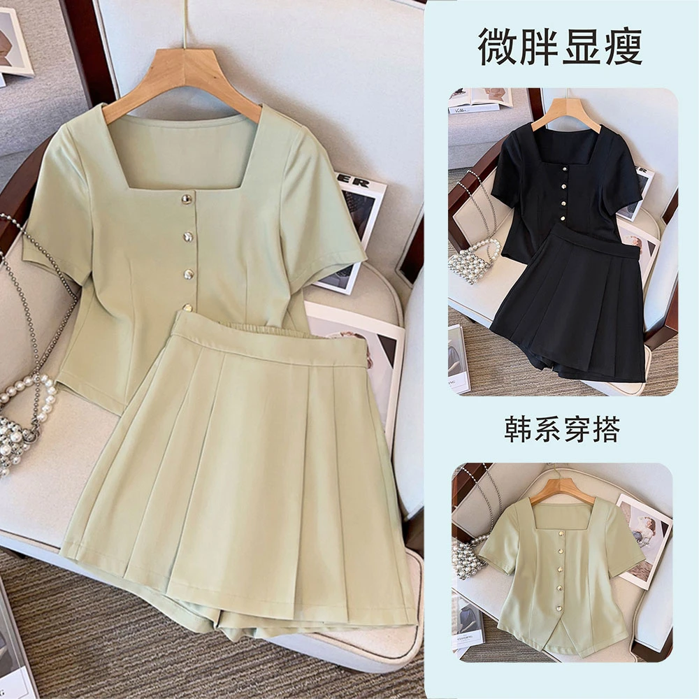 减龄一整套穿搭女夏大码胖mm显瘦遮肉时尚洋气小香风衬衫两件套装