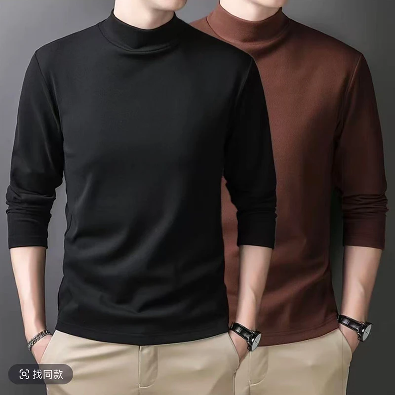 男士德绒保暖T恤时尚半高领男装中领长袖t恤纯色聚酯纤维-菜花