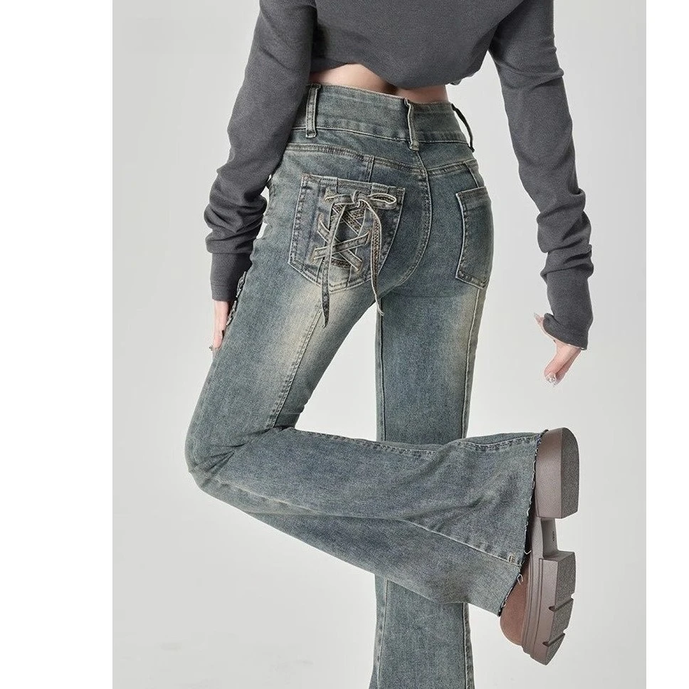 高个子加长版复古蓝微喇牛仔裤女秋季新款蝴蝶结高腰显瘦喇叭裤子