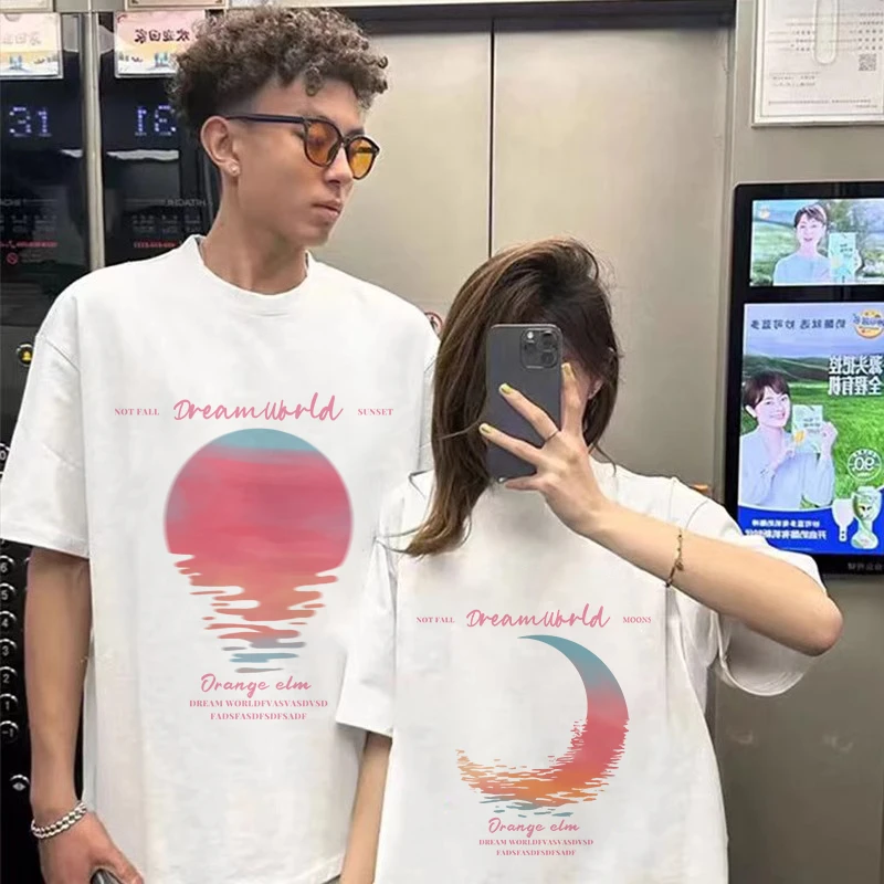 特别的日落涂鸦情侣装夏装2024新款夏季t恤高级感短袖套装班服