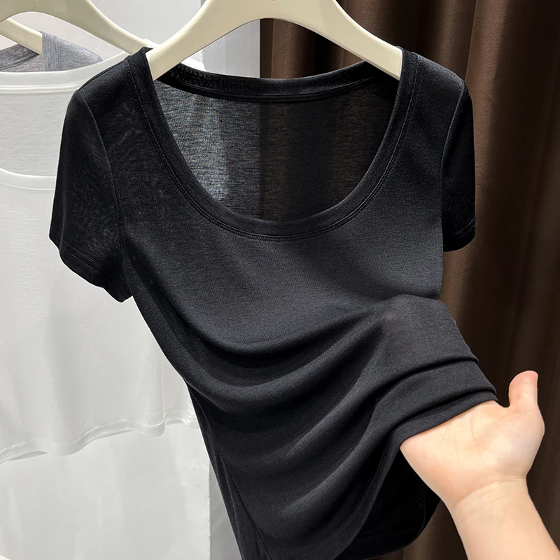 黑色高级感修身显瘦气质时髦短袖T恤2025夏季新款简约百搭上衣女
