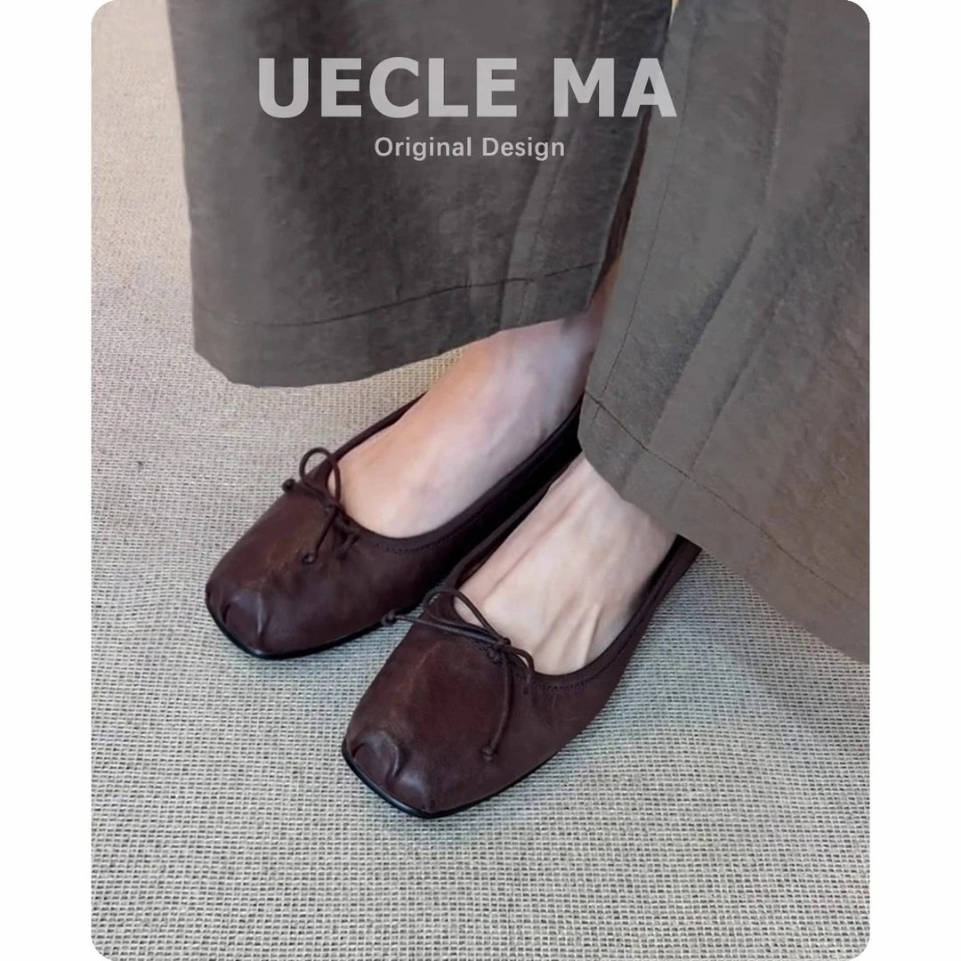 TST复古平底单鞋平底鞋女百搭棕色蝴蝶结猪鼻子芭蕾舞鞋休闲鞋