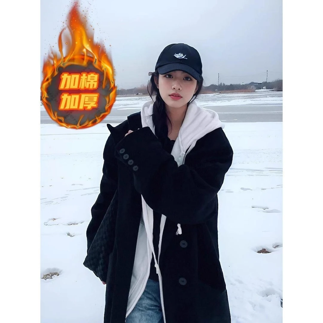 黑色西装毛呢大衣女高级感秋冬季新款赫本风加棉加厚正肩呢子外套