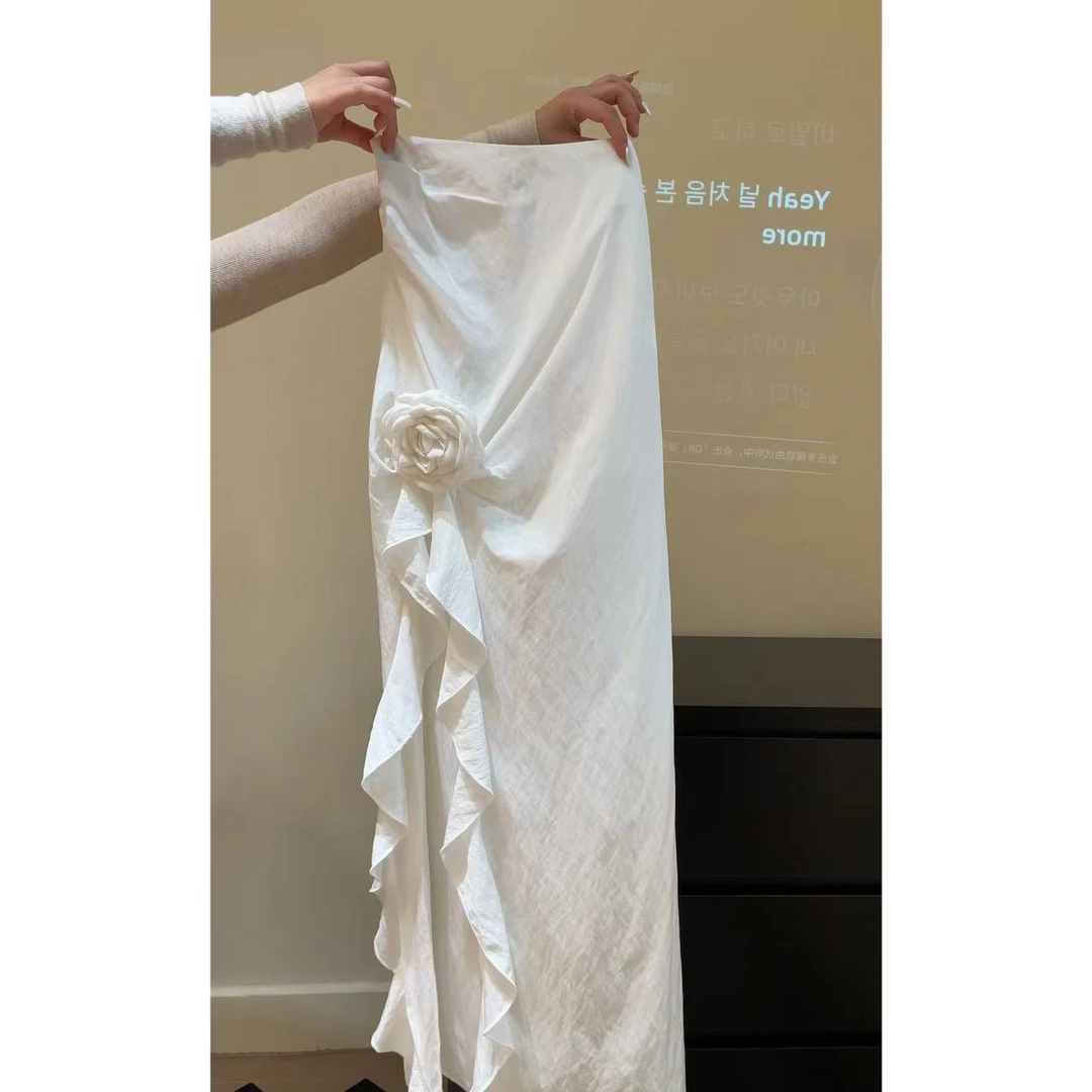 大脸喵 花朵长裙 不规则开叉白色半身裙夏季中长款法式裙子中式