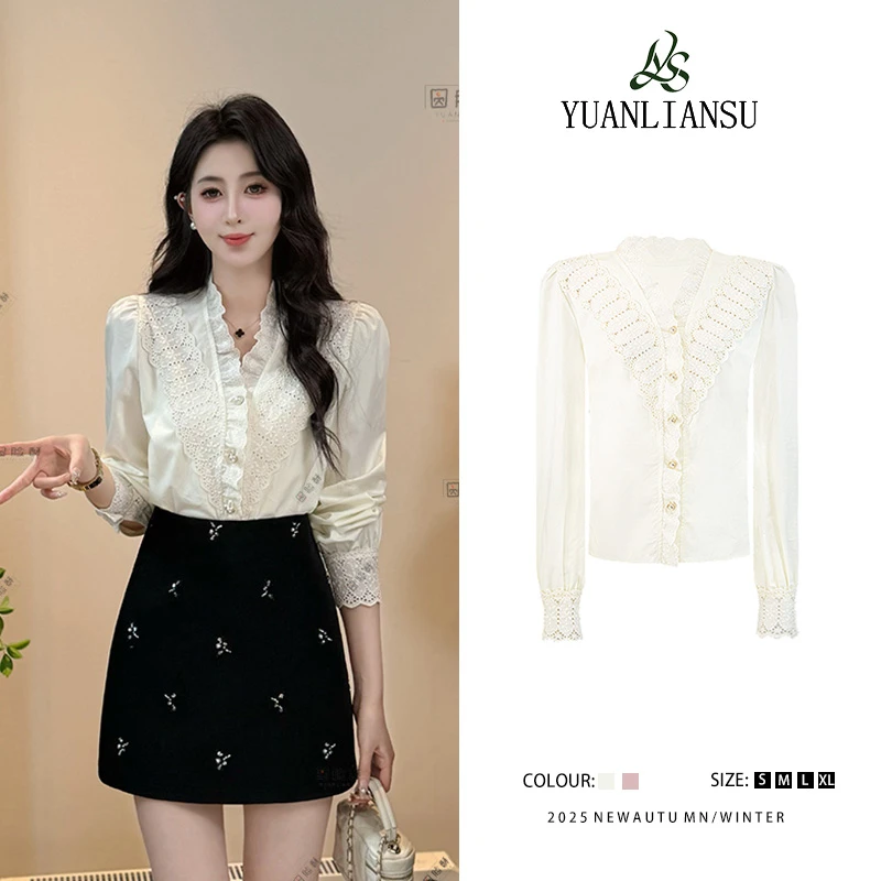 YUANLIANSU/圆脸酥【桂花茶香】法式复古小众设计感刺绣镂空衬衫女
