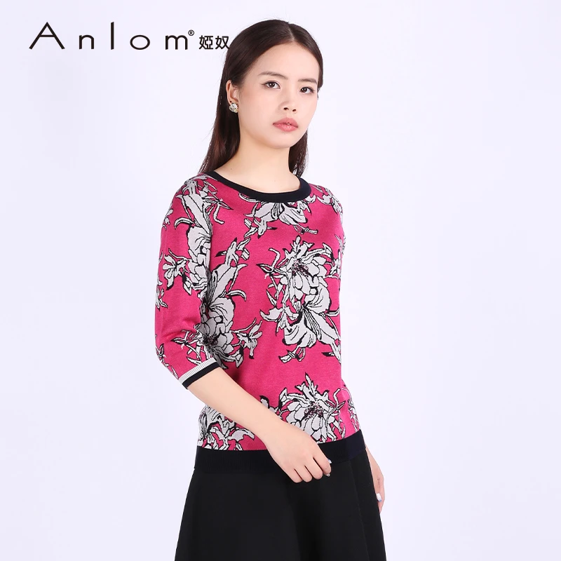 Anlom/娅奴秋装女新款桑蚕丝上衣修身圆领七分袖针织上衣女套头