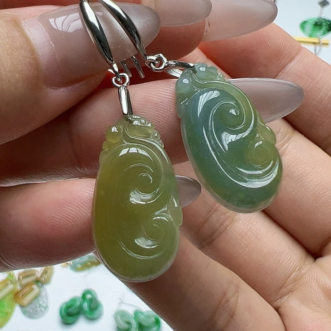 银S925镶嵌翡翠耳饰天然缅甸A货翡翠