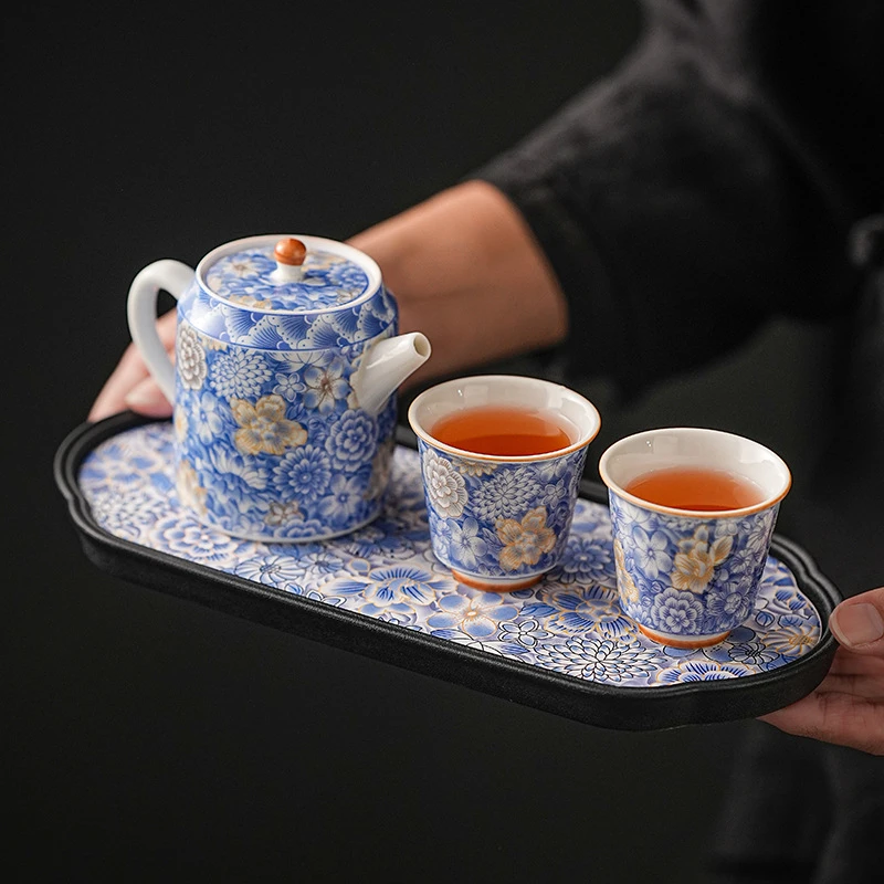 草木灰万花直身壶茶壶家用高档泡茶壶陶瓷一壶两杯功夫茶具干泡盘