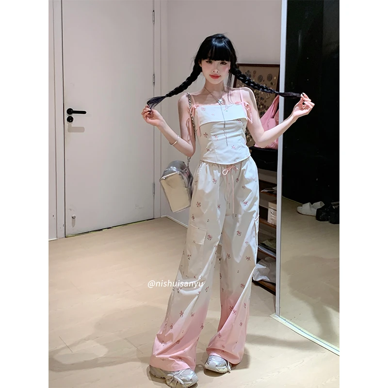 溺水三鱼【纯净晚樱】小众设计渐变碎花宽松百搭梭织渐变工装裤套装